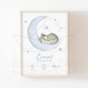 Póster de nacimiento de bebé lobo A4 (21 x 29,7 cm) o 13 x 18 cm con acuarela, estrellas, luna, decoración de pared, póster personalizado para habitación de niño, nombre