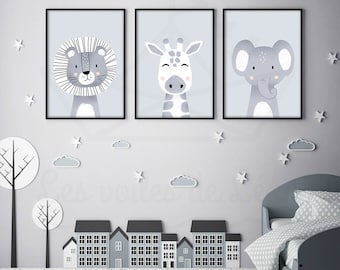 Safari posters for children: lion, giraffe, elephant, baby room decoration, savannah, birthday gift idea