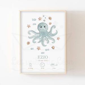 Póster de pulpo bebé A4 (21 x 29,7 cm) O 13 x 18 cm, ilustración de acuarela, decoración de pared de mar, habitación infantil, póster del océano, nombre del animal marino