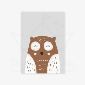 May include: A brown owl with white spots and a white belly on a light gray background. The owl has closed eyes and a small, brown beak.