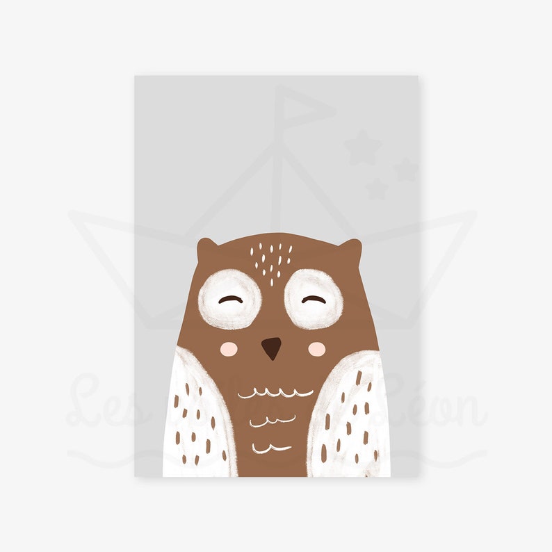 May include: A brown owl with white spots and a white belly on a light gray background. The owl has closed eyes and a small, brown beak.