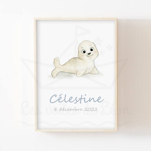Póster de cría de foca A4 (21 x 29,7 cm) o 13 x 18 cm, ilustración de acuarela polar, decoración de pared, habitación infantil, póster personalizado, nombre