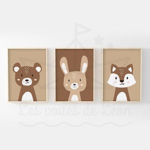 Juego de 3 pósteres de bosque para bebés en formato A4 (21 x 29,7 cm) o 13 x 18 cm, diseño de oso, conejo y zorro, ideal como regalo de nacimiento para habitación de niños