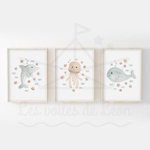 Conjunto de 3 aquarelas à beira-mar bebê 30x40cm pintura de parede quarto infantil ilustrações marinhas golfinho água-viva baleia pôsteres animais oceano