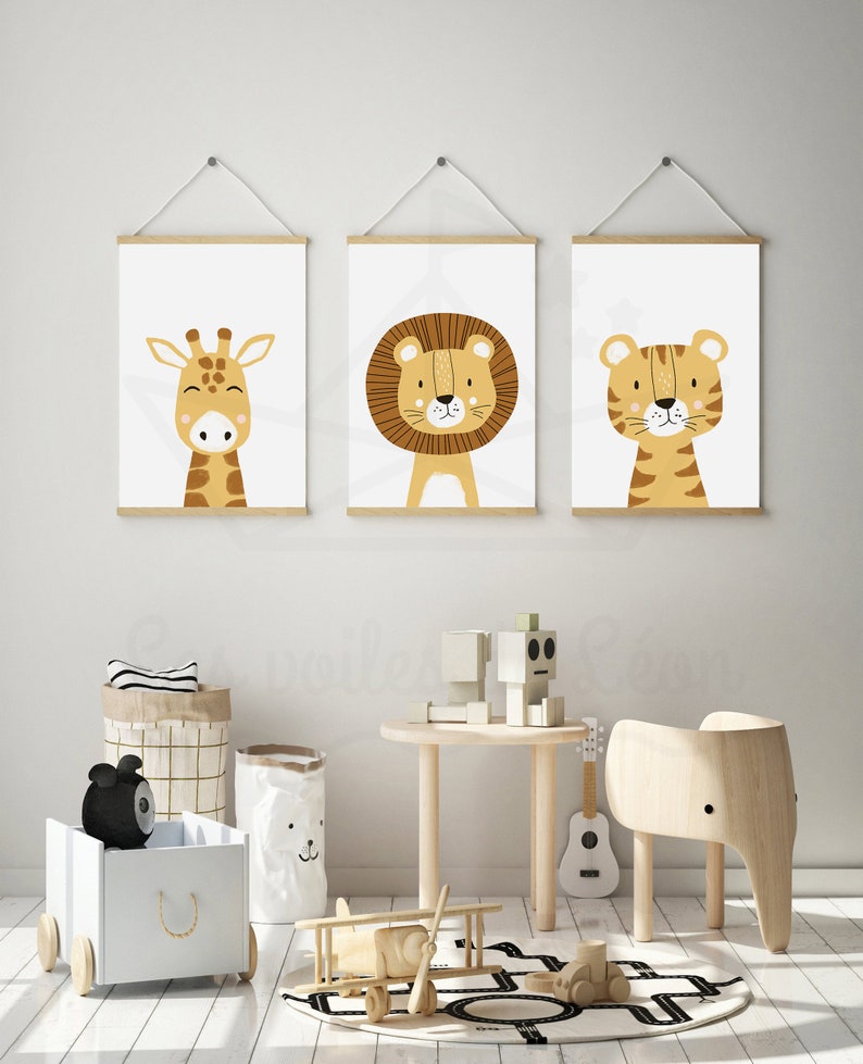 Lot 3 affiches enfant safari A421x29,7cm ou 13x18cm lion girafe tigre décoration murale chambre bébé idée cadeau naissance image 2