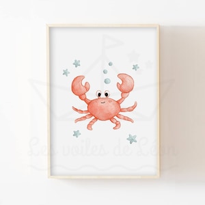 Poster Seestern Krabbe A4 (21x29,7cm) oder 13x18cm Aquarell Wanddekoration Babyzimmer Meerestier Poster Geburt Geschenkidee