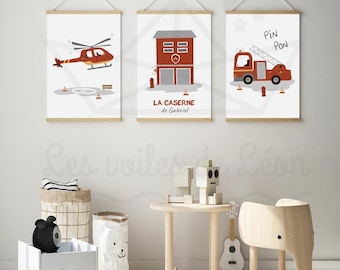 Set of 3 Personalized Firefighter Posters with Name – Truck, Fire Station & Plane Posters – Wall Decoration for Baby Boy's Room
