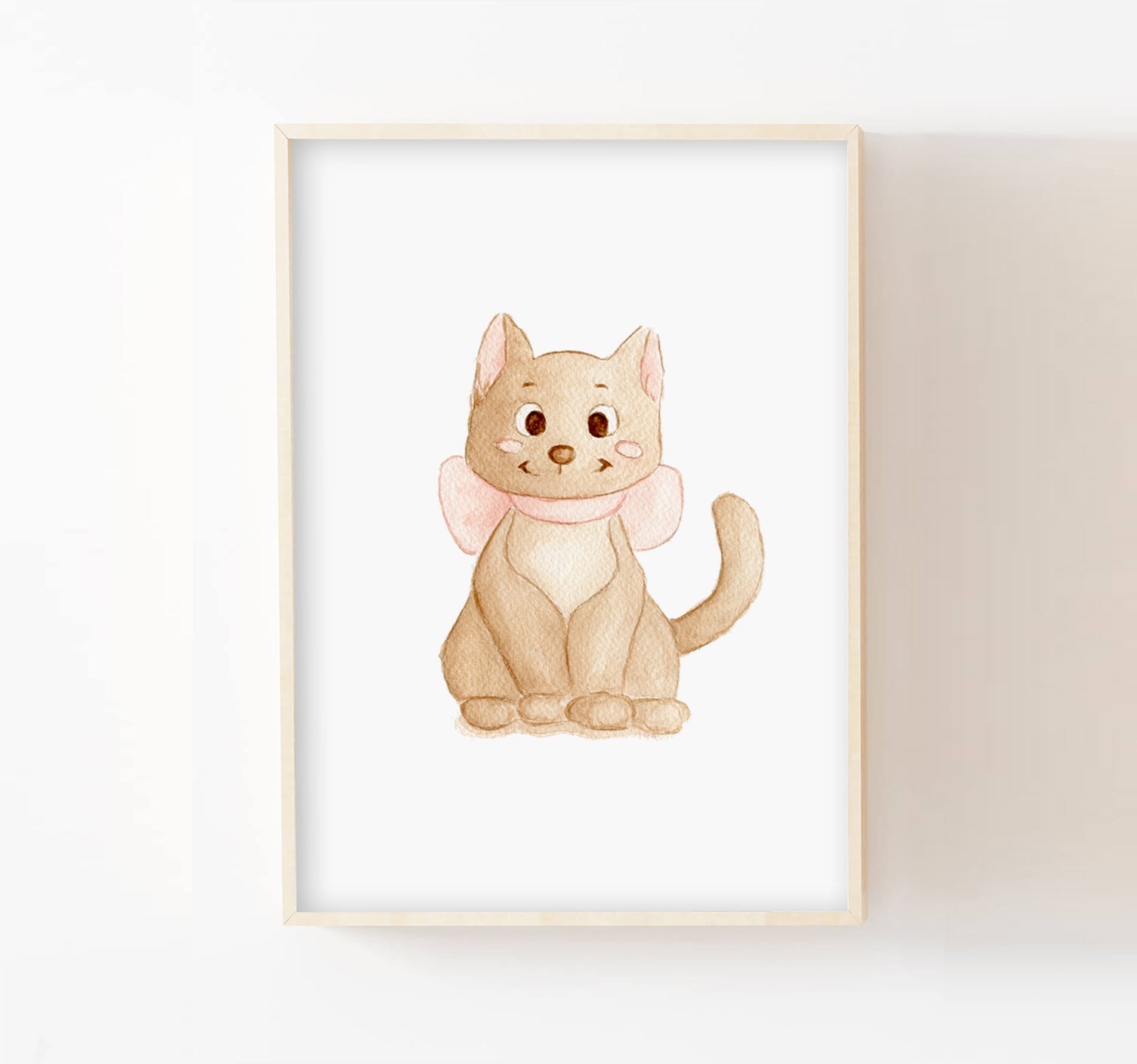 Poster Enfant Chat Rose et Beige, Décoration Murale, Affiche Chambre Bébé Fille, Illustrations Aquar