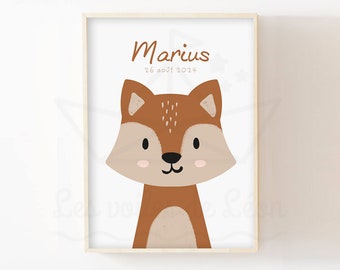 Babyvosje poster, muurdecoratie voor de babykamer, poster met bosdieren, kraamcadeau-idee