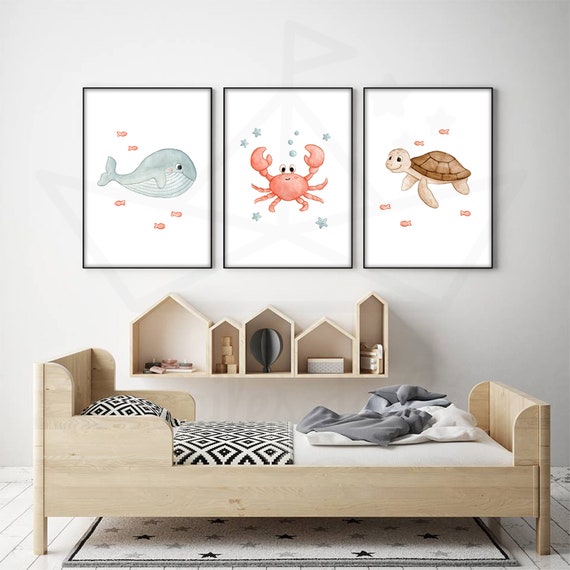 Aquarelles chambre bébé A4/13x18cm, décoration murale enfant mer,  illustrations tortue, crabe, baleine, posters animaux, cadeau naissance