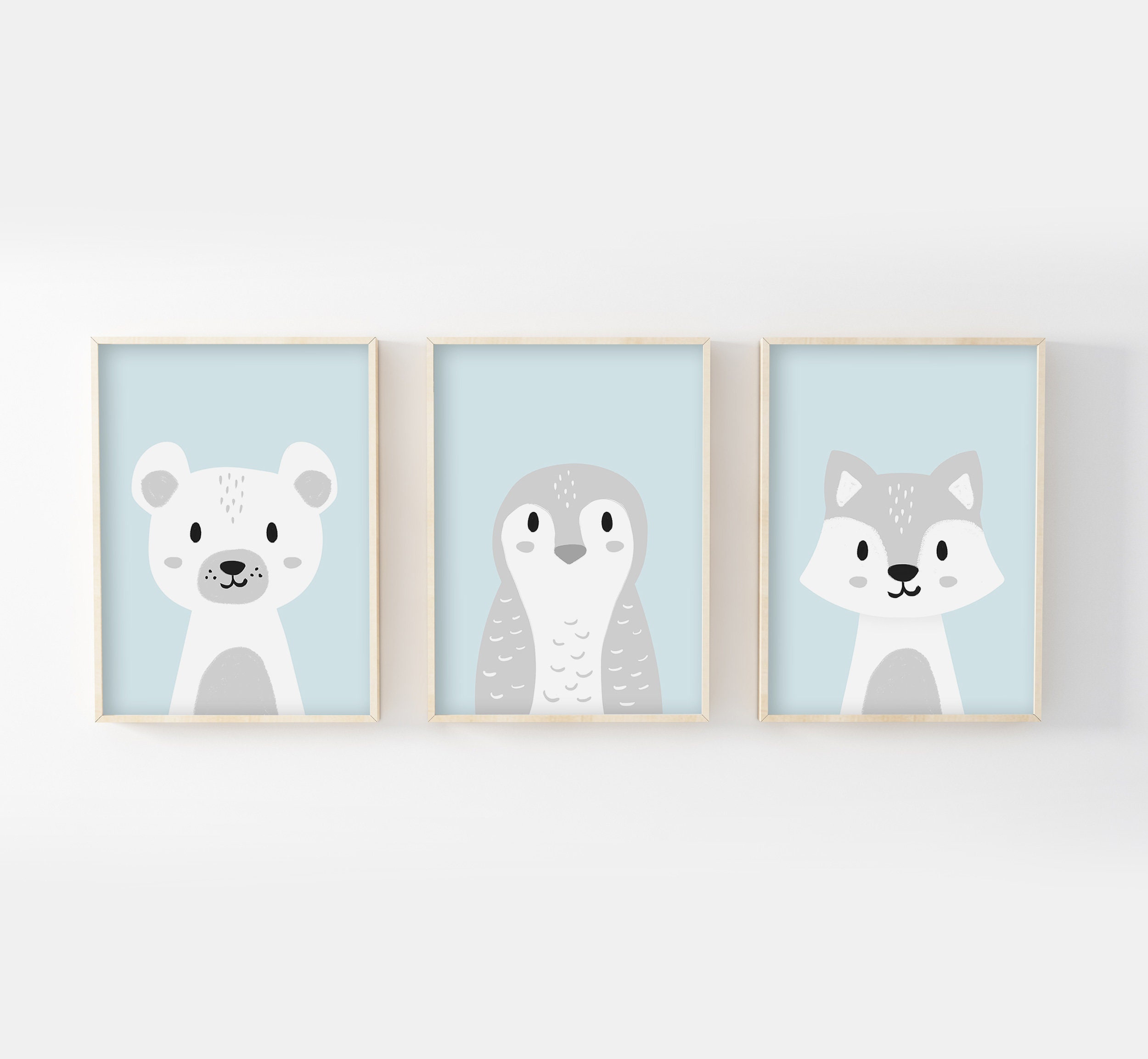 Lot 3 Affiches Bébé A4/13x18, Polaire, Ours, Pingouin, Loup, Idée Cadeau Naissance, Déco Chambre Enf