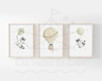 Set of baby star posters A4 (21x29.7cm) OR 13x18cm watercolor illustrations raccoon balloon kite hot air balloon children's room decoration