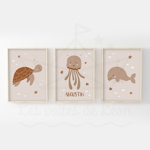 Juego de 3 pósteres infantiles del océano de 30 x 40 cm, tortuga, medusa, ballena, decoración de pared para habitación de bebé, idea de regalo de nacimiento en el mar, nombre personalizado