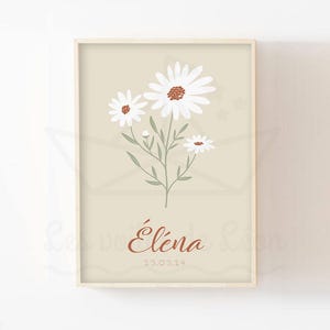 Póster de la habitación del bebé Daisy A4 (21x29,7 cm) O 13x18 cm nombre personalizado pared arte decoración floral niña impresión neutral
