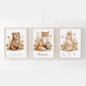 3er Set Aquarelle Waldtiere 30x40cm Kinderzimmer Deko Bär Fuchs Hase Illustrationen Geburt Baby Blumen Schmetterlinge