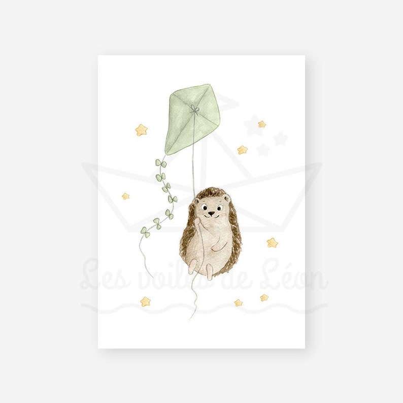May include: A watercolour illustration of a brown hedgehog holding onto a green kite with a green vine trailing behind it. The background is white with yellow stars.