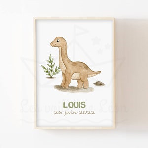 Póster de dinosaurio con nombre de bebé A4 (21 x 29,7 cm) o 13 x 18 cm ilustración acuarela brachiosaurus decoración de pared personalizable habitación infantil