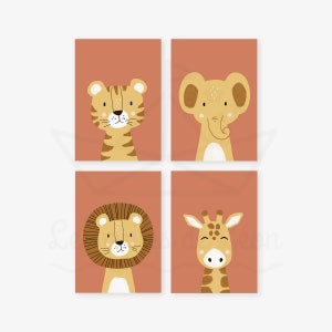 Lot 4 affiches safari A421x29,7cm ou 13x18cm lion girafe tigre éléphant poster chambre bébé décoration murale savane idée cadeau naissance Terracotta