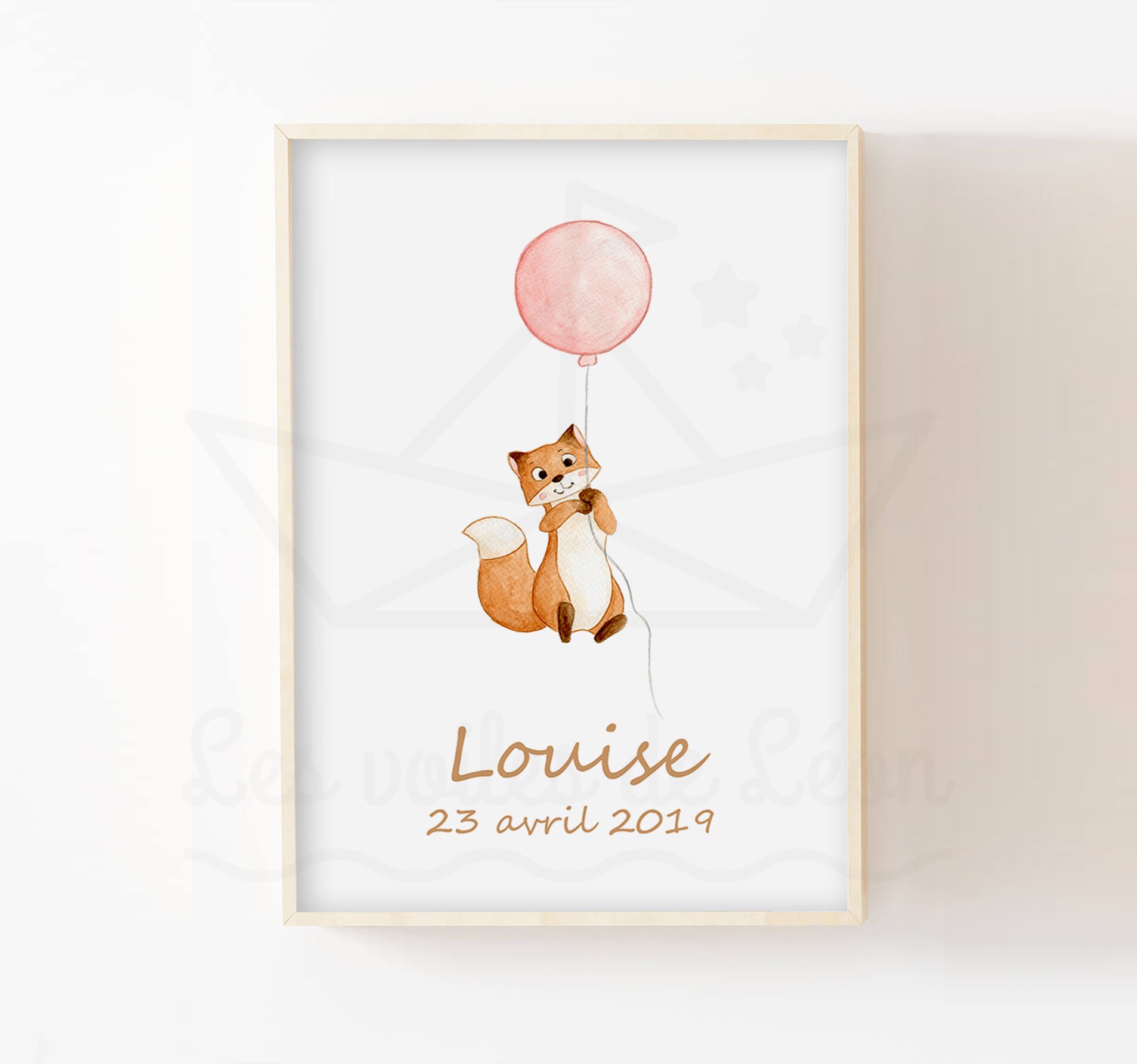 Affiche Bébé 30x40cm, Aquarelle Renard et Son Ballon, Idée Cadeau Naissance, Décoration Murale Chamb