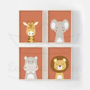 Set of 4 safari posters A4 (21x29.7cm) or 13x18cm lion elephant giraffe hippopotamus poster baby room savannah wall decoration