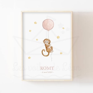 Póster de globo de mono bebé A4 (21 x 29,7 cm) o 13 x 18 cm, animales de acuarela, decoración de pared del cielo, idea de regalo de nacimiento para habitación infantil