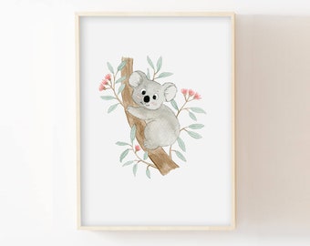 Watercolor baby room 30x40cm, animal australia koala eucalyptus, children's poster, nature wall decoration, mixed birth gift poster