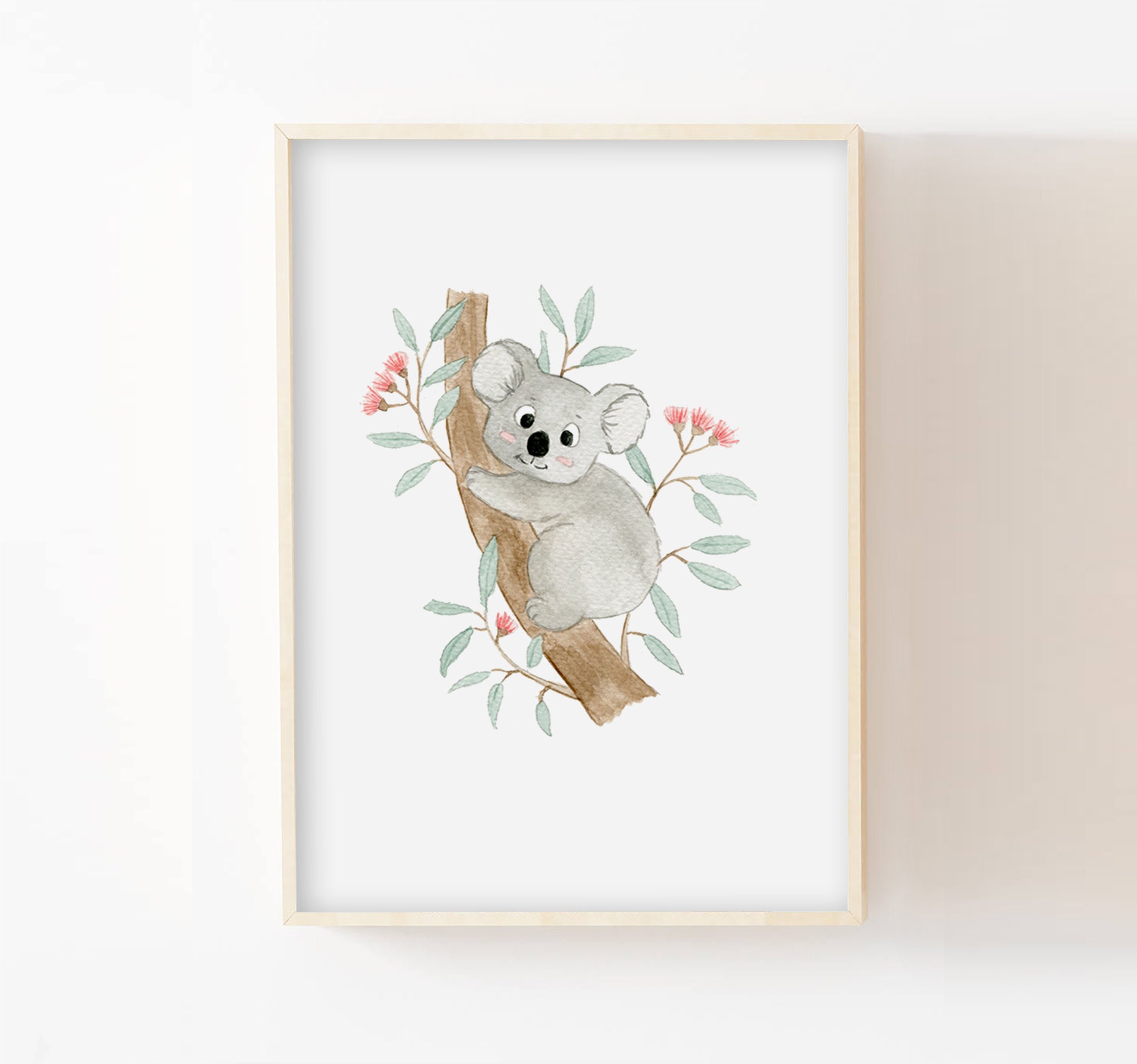 Aquarelle Chambre Bébé 30x40cm, Animal Australie Koala Eucalyptus, Poster Enfant, Décoration Murale 