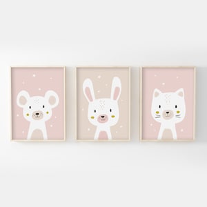 Lot 3 affiches bébé 30x40, souris, lapin, chat, idée cadeau naissance chambre enfant, décoration murale douce fille, poster animaux