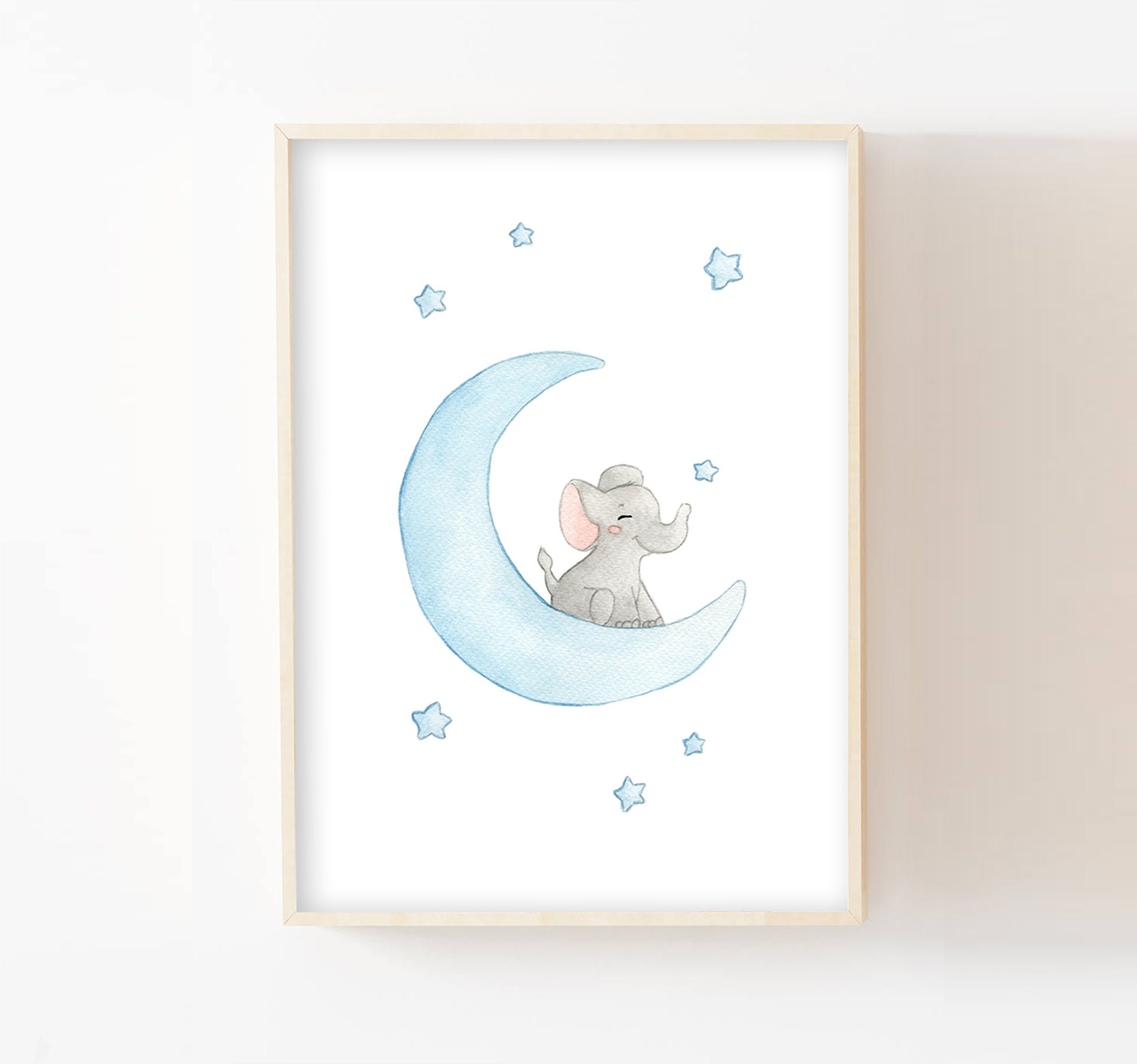 Illustration Enfant 30x40cm Aquarelle Éléphant Lune Idée Cadeau Naissance Décoration Murale Chambre 