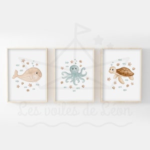 Juego de 3 pósters infantiles del mar A4 (21x29,7cm) O 13x18cm decoración de pared para habitación de bebé ilustraciones en acuarela océano ballena pulpo tortuga