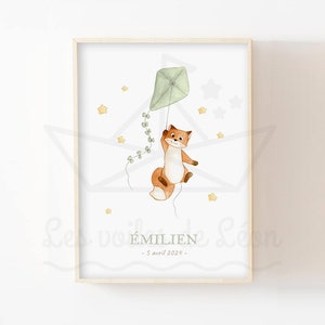 Póster de zorro bebé, 30 x 40 cm, ilustración de acuarela, cometa, estrellas, decoración de pared, póster para habitación de niños, animales, cielo, regalo de nacimiento