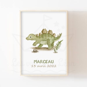 Póster de dinosaurio con nombre A4 (21 x 29,7 cm) o 13 x 18 cm, ilustración en acuarela, estegosaurio, decoración de pared personalizable para habitación infantil