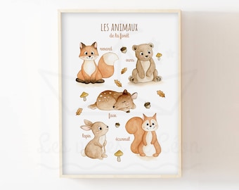 Forest animal poster, baby room decoration, watercolor illustration, nature poster, children's educational Montessori poster