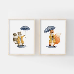Juego de 2 carteles de zorro y mapache A4 (21 x 29,7 cm) O 13 x 18 cm, ilustraciones en acuarela, animales bajo la lluvia, paraguas, póster, regalo de nacimiento
