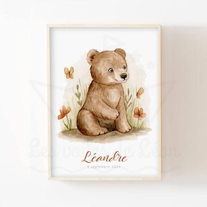 Póster nombre oso niño 30x40cm Ilustración acuarela animales del bosque decoración habitación bebé nacimiento personalizado oso flores