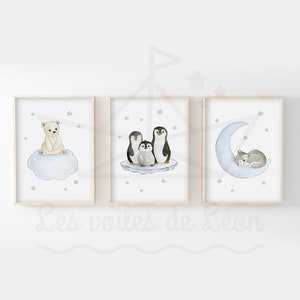 3-teiliges Aquarellset Polar 30x40cm Bär Wolke Pinguine Eisscholle Wolf Mond Wanddekoration Kinderzimmer Geschenk Geburt