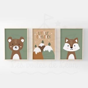 Lote de 3 carteles de bosque para niños A4 (21x29,7 cm) o 13x18 cm paisajes de osos montañas zorro decoración de pared habitación de bebé idea de regalo de nacimiento