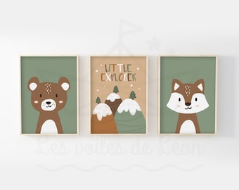 Set of 3 children's posters: forest, bear, landscapes, mountains, fox, wall decoration for baby's room, baby shower gift idea