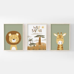 3er Set Kinderposter 30x40cm Wild Safari Löwe Giraffe Wanddeko Babyzimmer Savanne Tierposter Geschenkidee Geburt