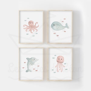 Set de acuarelas para habitación de bebé A4/13x18, animales marinos delfín, pulpo, ballena, medusa, láminas de pared infantiles, idea regalo nacimiento