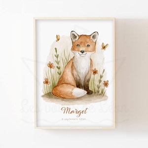 Póster de zorro con nombre de bebé A4 (21 x 29,7 cm) O 13 x 18 cm, ilustración en acuarela, animales del bosque, decoración de pared, habitación infantil, flores, mariposas