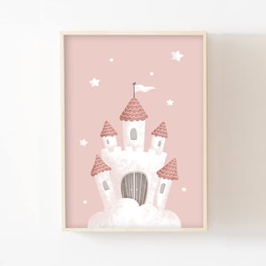 Póster de bebé castillo princesa A4 (21x29,7 cm) o 13x18 cm decoración habitación de niña regalo de nacimiento cartel infantil estrellas de cuento de hadas rosa