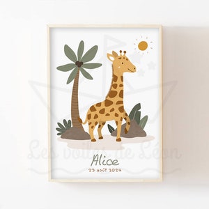 Póster de safari de jirafas con nombre del niño, 30 x 40 cm, decoración de pared para habitación de bebé, póster personalizado de jungla, sabana, idea de regalo de nacimiento mixto