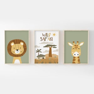 Set of 3 safari children's posters A4 (21x29.7cm) or 13x18cm lion giraffe wild safari wall decoration baby room savannah birth gift idea