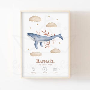 Póster nacimiento ballena nombre 30x40cm ilustración acuarela animal mar decoración pared habitación bebé marinero cielo
