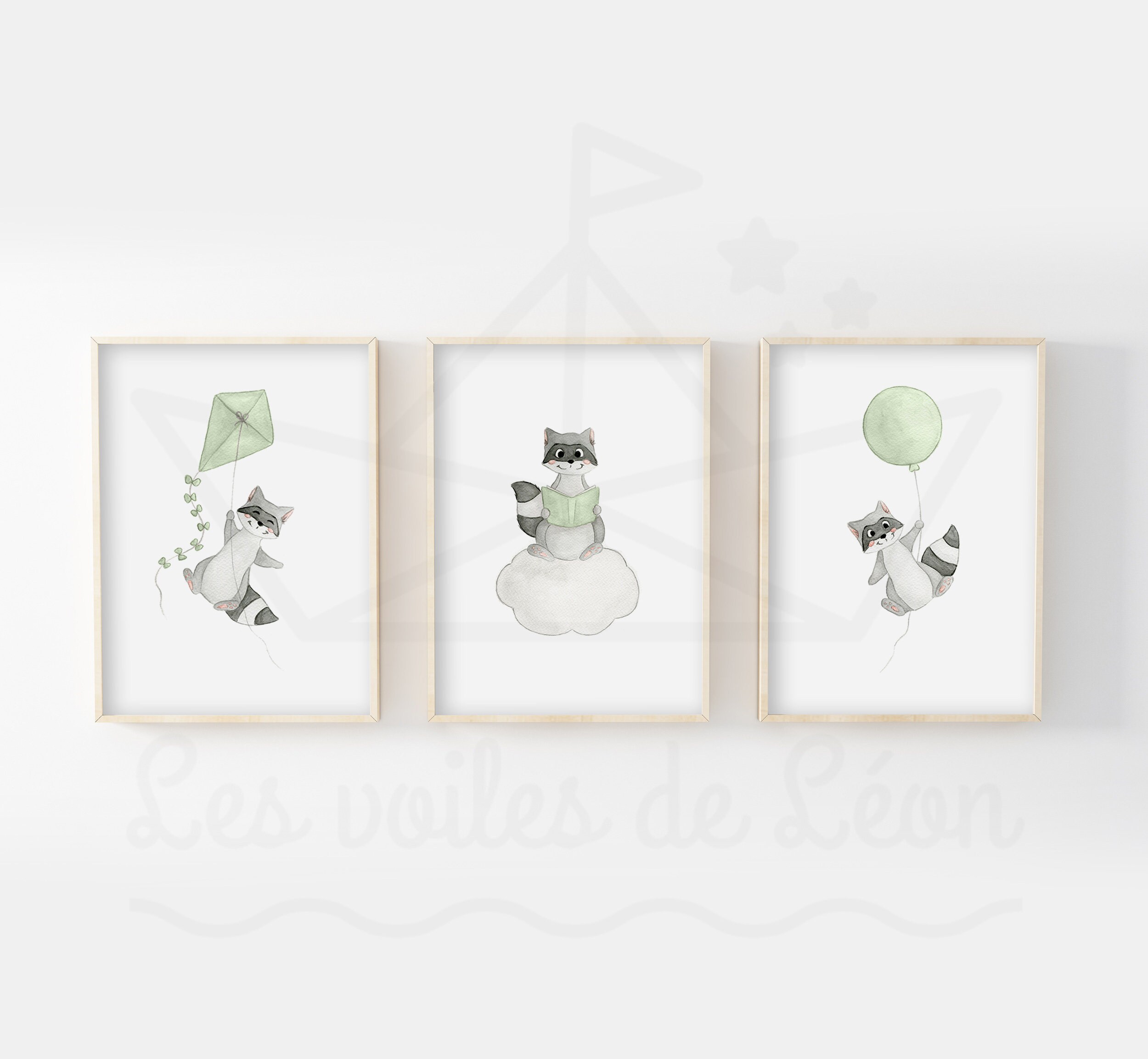 Lot Affiches Aquarelle Enfant 30x40cm, Illustrations Raton-Laveur Ballon, Cerf-Volant, Livre, Décora