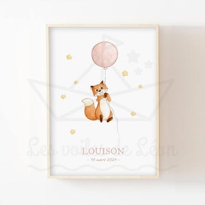 Póster de zorro bebé A4 (21 x 29,7 cm) O 13 x 18 cm, globo de acuarela, decoración del cielo, póster de animal personalizado para habitación de niños, regalo de nacimiento