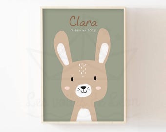 Kinderposter, konijnenwanddecoratie, babykamer, bosdieren, beige poster, gepersonaliseerd met naam, kraamcadeau