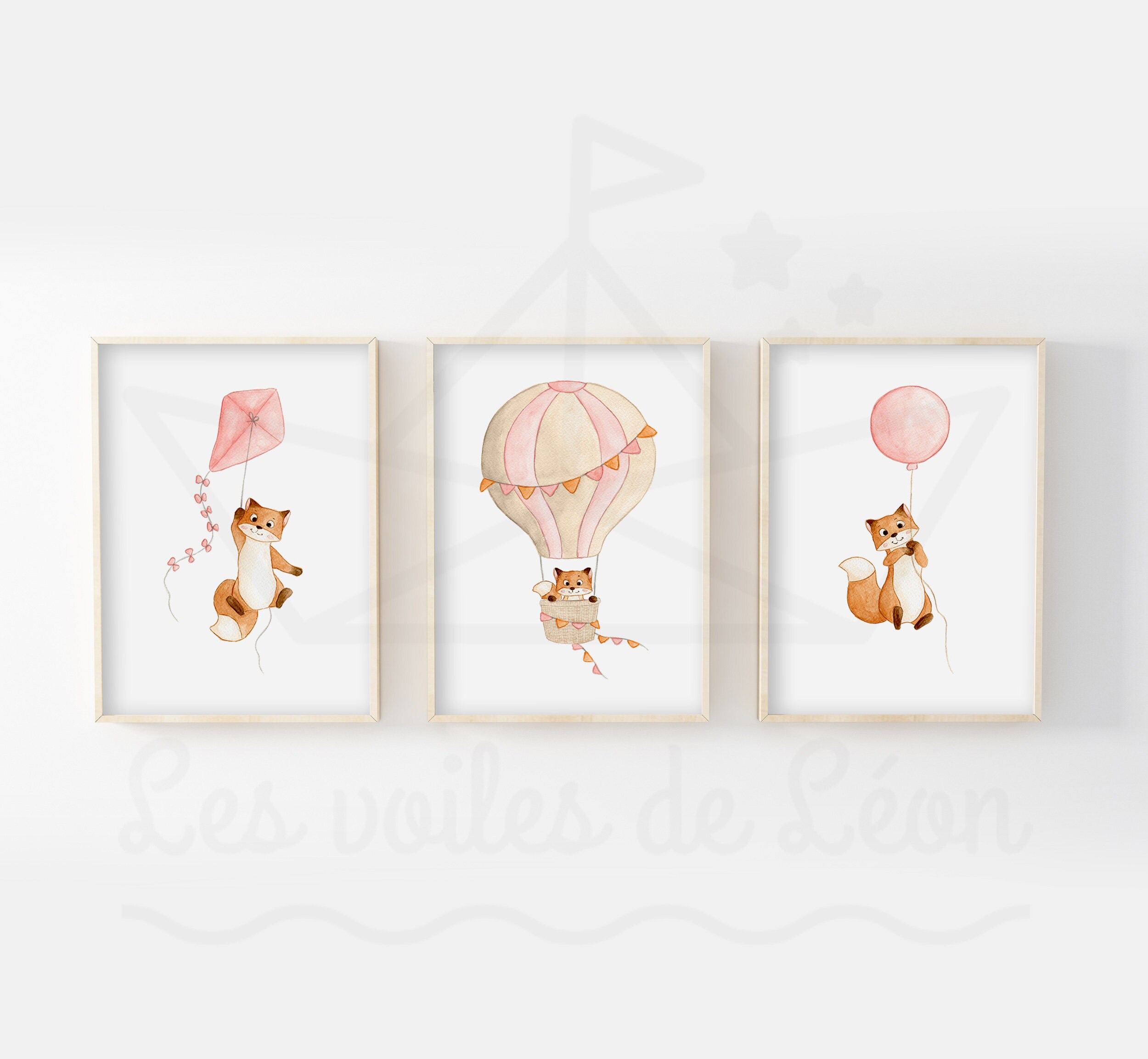 Aquarelles Chambre Bébé A4/13x18cm, Lot 3 Illustrations Renard Ballon, Cerf-Volant, Montgolfière, Dé