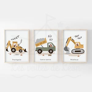 Lote de 3 carteles infantiles vehículos de obra decoración de pared carteles para la habitación del bebé camiones equipos de construcción con dinosaurios